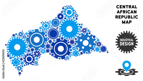 Industrial Central African Republic map composition of gears. Abstract territorial plan in blue color tinges. Vector Central African Republic map is designed of gear wheels. Concept of industrial job.