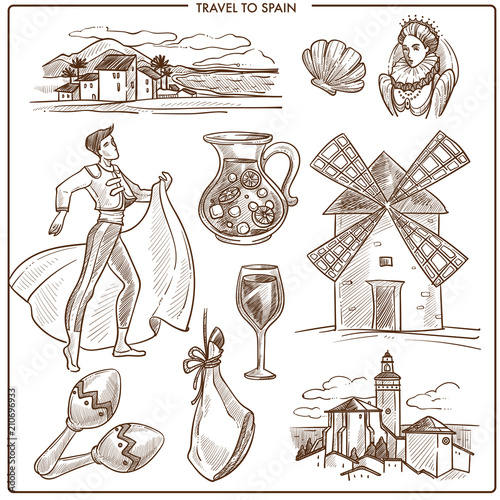 Spain travel symbols and vector sketch landmarks