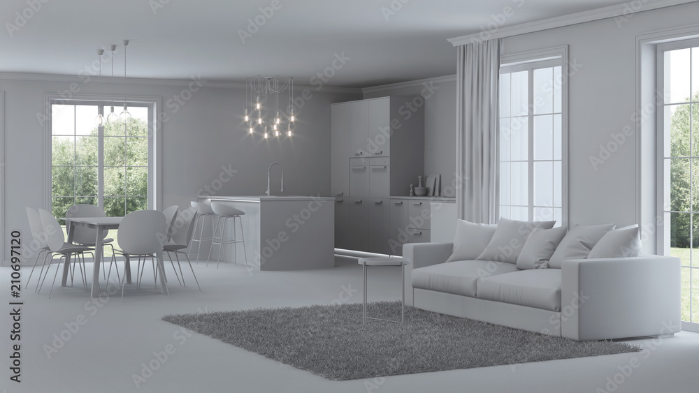 Fototapeta premium Modern house interior. Repairs. Gray interior. 3D rendering.