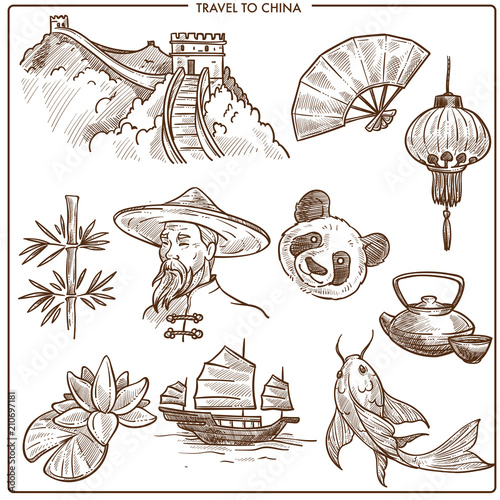 China travel symbols and vector sketch landmarks