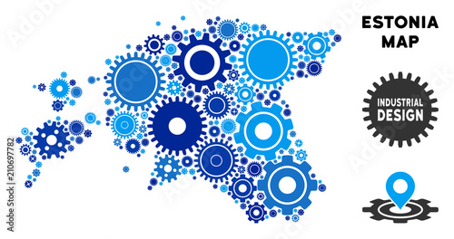 Industrial Estonia map collage of gears. Abstract geographic plan in blue color hues. Vector Estonia map is designed from gears. Concept of tuning workshop.