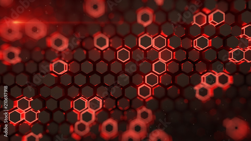 Glowing red hexagons 3D ren...