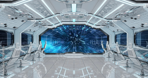 Fototapeta Naklejka Na Ścianę i Meble -  White clean spaceship interior with view on planet Earth 3D rendering