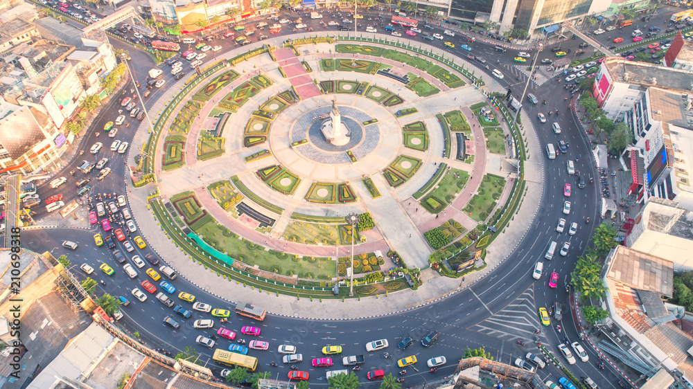 Of traffic on city streets in Thailand. Aerial view and top view Expressway with car lots.