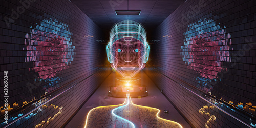 Cyborg hologram watching a subway interior 3D rendering