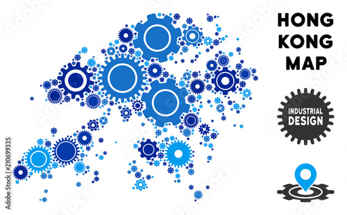 Repair Service Hong Kong map collage of gears. Abstract territorial plan in blue color tinges. Vector Hong Kong map is designed of gears. Concept of maintenance job.