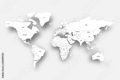 Political map of World. White map with country borders and labels with dropped shadow on light background. Vector illustration.