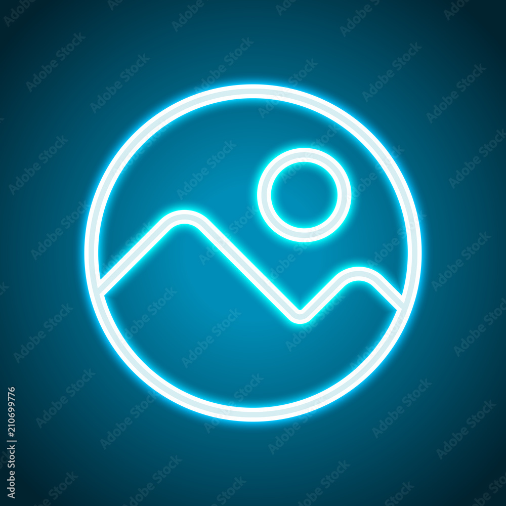 Fototapeta premium Simple picture icon. Linear symbol, thin outline. Neon style. Li