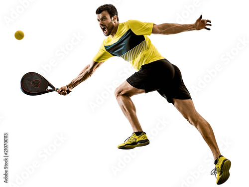 one caucasian man playing Padel tennis player isolated on white background