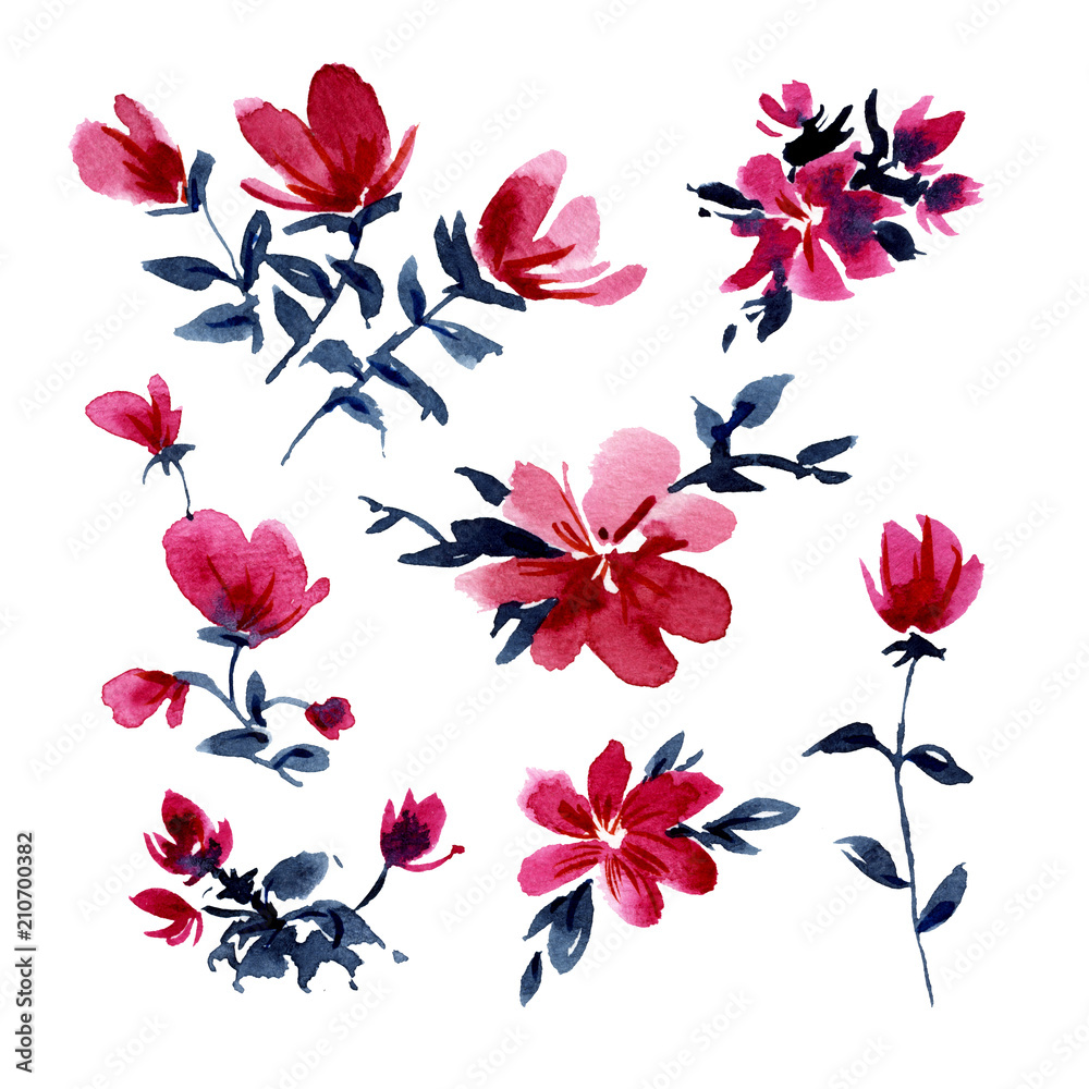 Set with isolated simple pink watercolor flowers and leaves.