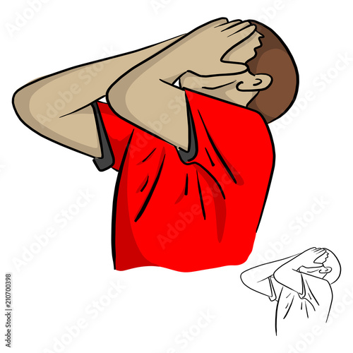 male unhappy soccer or football player with palm on his face after missing goal vector illustration sketch doodle hand drawn with black lines isolated on white background