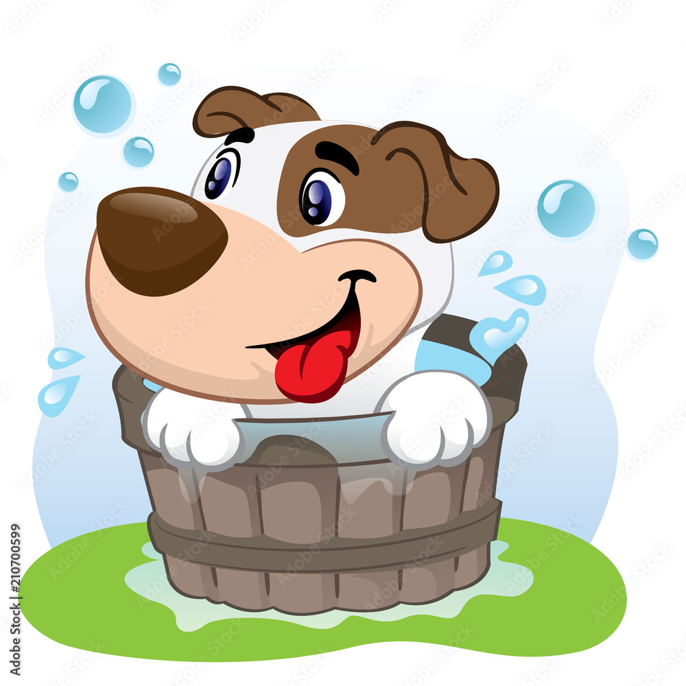 Illustration of a dog bathing in a tub of water. Ideal for visual communication, informational and institutional and veterinary material Illustration of a dog bathing in a tub of water. Ideal for visual communication, informational and institutional and veterinary material
