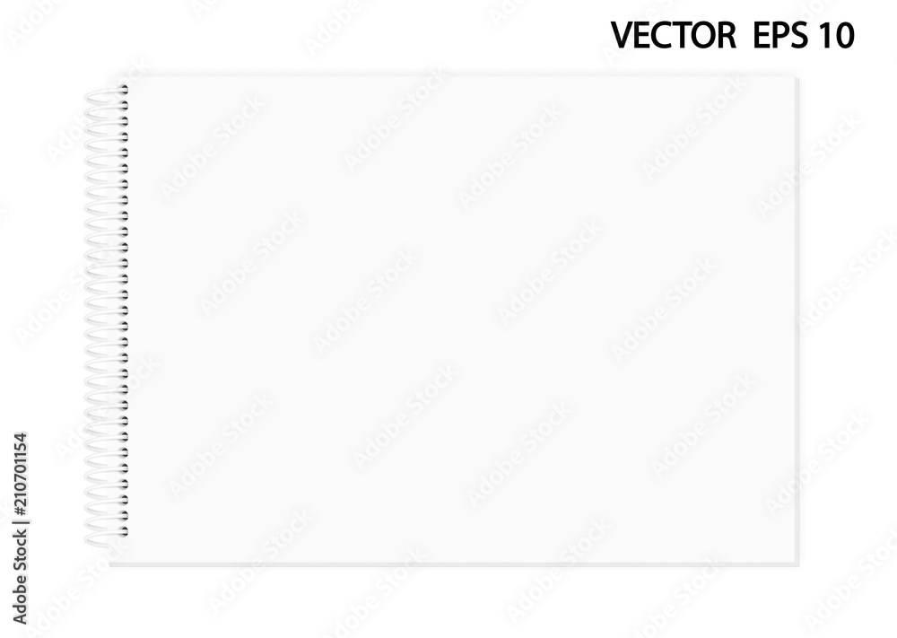 Vector realistic image of a notepad (album for drawing), top view. White sheets of paper (A4: 841.89 px x 595.28 px) fastened with a white plastic spiral, 3d. The image was created using gradient mesh Vector realistic image of a notepad (album for drawing), top view. White sheets of paper (A4: 841.89 px x 595.28 px) fastened with a white plastic spiral, 3d. The image was created using gradient mesh