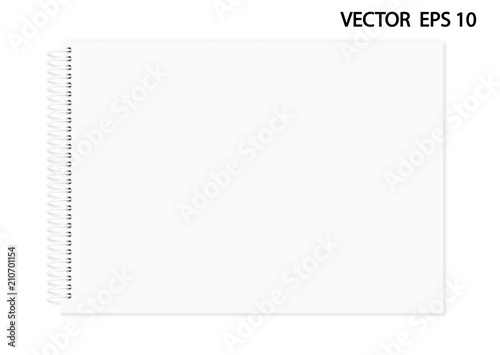 Vector realistic image of a notepad (album for drawing), top view. White sheets of paper (A4: 841.89 px x 595.28 px) fastened with a white plastic spiral, 3d. The image was created using gradient mesh