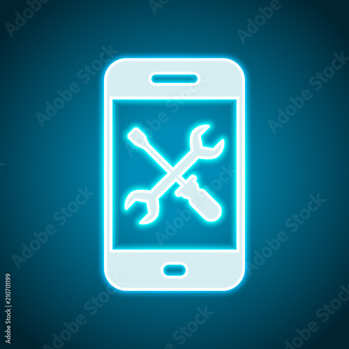 Phone repair service icon. Neon style. Light decoration icon. Br