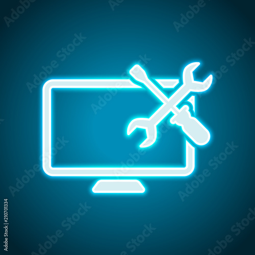 Computer repair service. Neon style. Light decoration icon. Brig