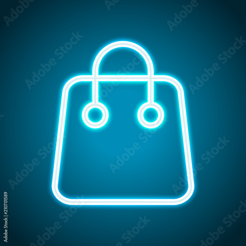 Shopping bag icon. Linear, thin outline. Neon style. Light decor