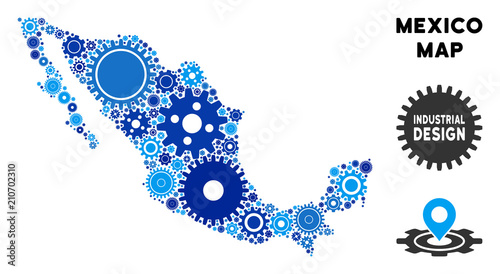 Repair Service Mexico map composition of cogs. Abstract territorial scheme in blue shades. Vector Mexico map is shaped of cogs. Concept of maintenance workshop.