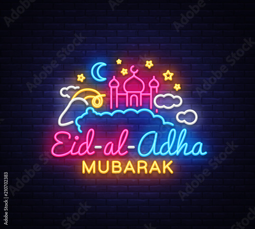 Muslim holiday Eid al-Adha holiday vector illustration. Eid al-Adha Mubarak neon sign design template, modern trend design, light banner. Graphic design decoration Kurban Bayram. Vector Illustration