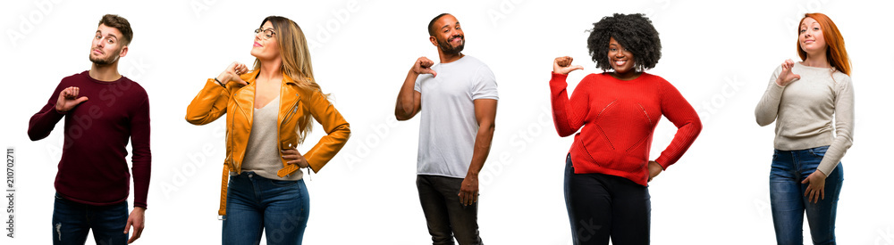Group of cool people, woman and man proud, excited and arrogant, pointing with victory face Group of cool people, woman and man proud, excited and arrogant, pointing with victory face