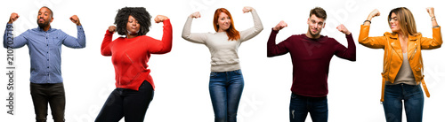 Group of cool people, woman and man showing biceps expressing strength and gym concept, healthy life its good