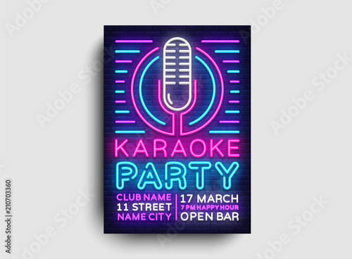 Karaoke party poster neon vector. Karaoke night design template, bright neon brochure, modern trend design, light banner, typography invitation to the party, advertising postcard. Vector illustration