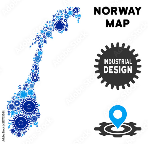 Industrial Norway map mosaic of gears. Abstract territory scheme in blue color hues. Vector Norway map is designed of gears. Concept of technician work.