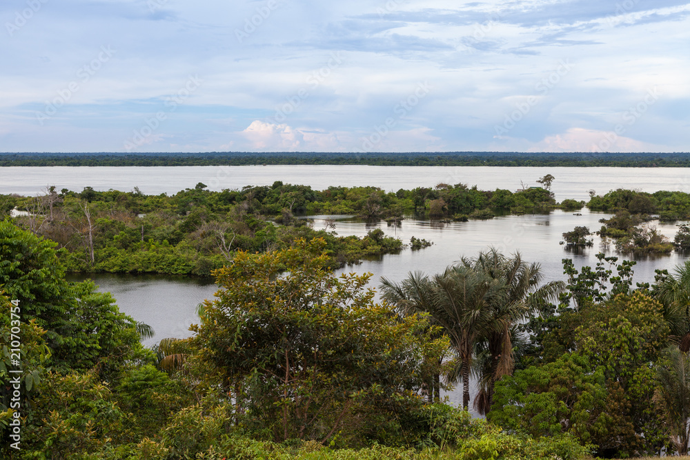 Amazonas, Brazil. View of the Negro River in the flood season and the Amazon rainforest in the background. Amazonas, Brazil. View of the Negro River in the flood season and the Amazon rainforest in the background.