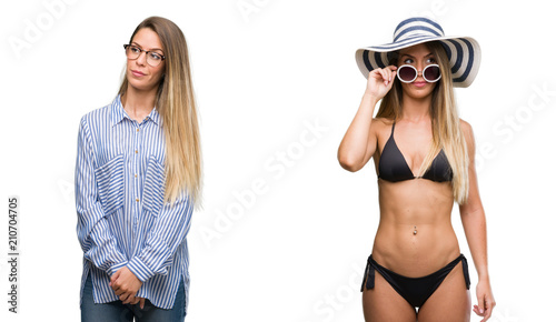 Young beautiful blonde woman wearing business and bikini outfits smiling looking side and staring away thinking.