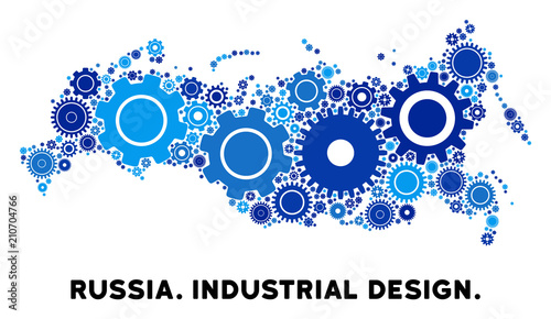 Industrial Russia map collage of gears. Abstract territory plan in blue color tinges. Vector Russia map is created of gears. Concept of technical company.