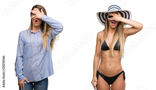 Young beautiful blonde woman wearing business and bikini outfits peeking in shock covering face and eyes with hand  looking through fingers with embarrassed expression.