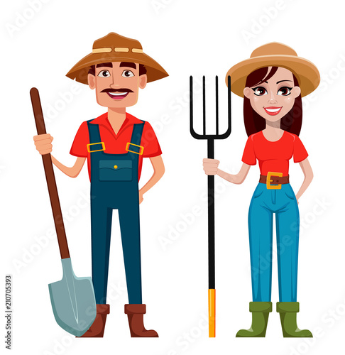 Farmers, man and woman, cartoon characters