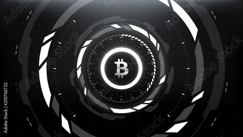 Bitcoin Cryptocurrency Futuristic Sci-Fi Technology Circular HUD Background Illustration. Worldwide Digital Money Blockchain System