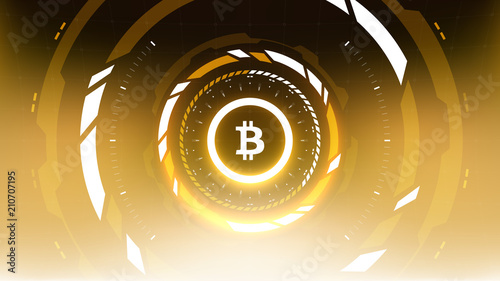 Bitcoin Cryptocurrency Futuristic Sci-Fi Technology Circular HUD Background Illustration. Worldwide Digital Money Blockchain System