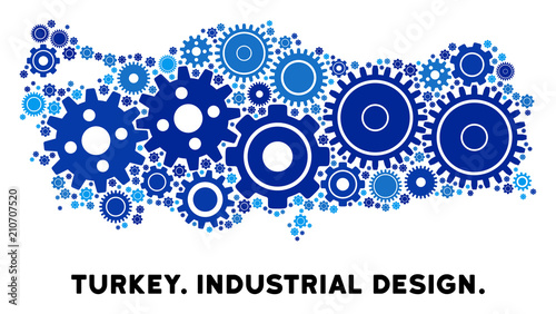 Industrial Turkey map collage of gears. Abstract territorial scheme in blue color tinges. Vector Turkey map is composed of gear wheels. Concept of maintenance workshop.