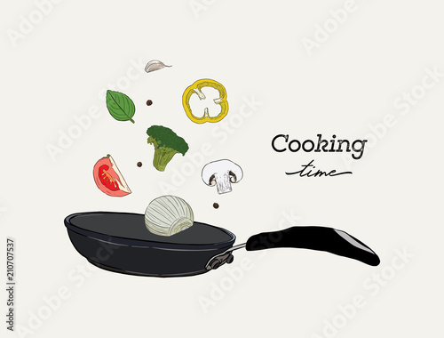 Monochrome realistic drawing of wok pan and vegetables. cooking time vector.
