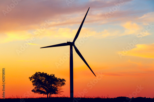 Silhouette of a wind farm against the backdrop of the setting sun