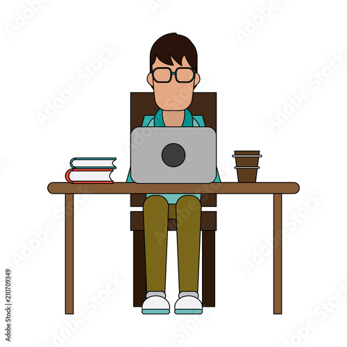Man working with laptop at office vector illustration graphic design