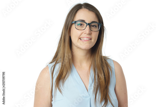 Caucasian woman with glasses making faces