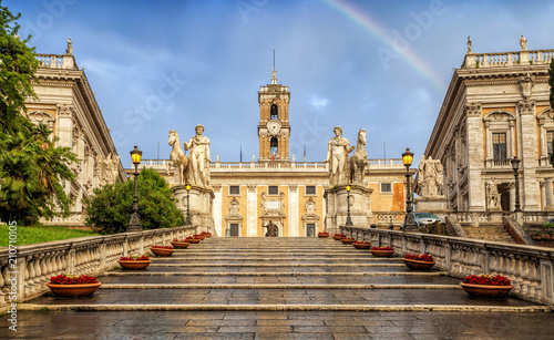 Capitoline hill (Campidoglio) is one of the Seven Hills of Rome, Italy. Rome architecture and landmark. View of the Capitoline Hill after the rain.