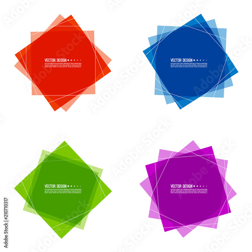 Vector set of colored banners from rectangular transparent intersecting layers. Isolated on white background.