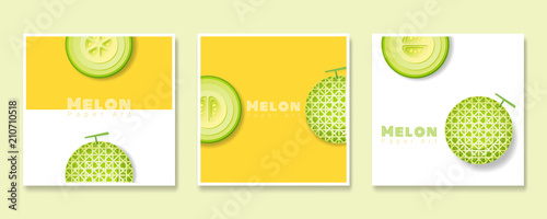 Set of fruit banners with melon in paper art style , vector , illustration