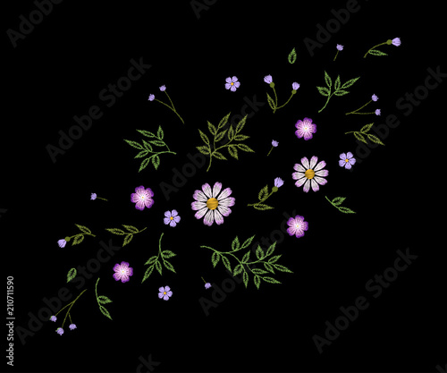Tiny field flower realistic embroidery. Wild herbs daisy textile print decoration black fashion traditional vector illustration vintage design template. Chamomile plant floral ditsy ornament