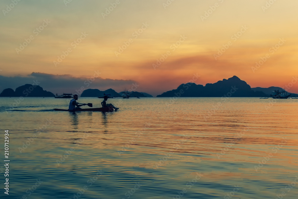 Sunset at the sea. Philippine boats at sea, Boracay, El Nido, Philippines Sunset at the sea. Philippine boats at sea, Boracay, El Nido, Philippines