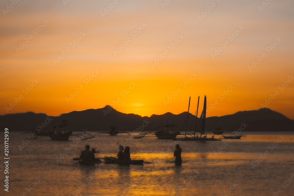 Sunset at the sea. Philippine boats at sea, Boracay, El Nido, Philippines