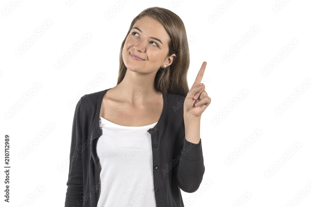 Smiling woman with her index finger up Smiling woman with her index finger up
