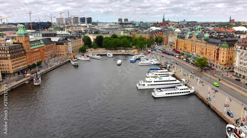Aerial view of Stockholm Sweden's waterfront and colorful architecture.
 photo