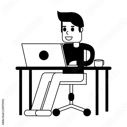 Man working with laptop at office vector illustration graphic design