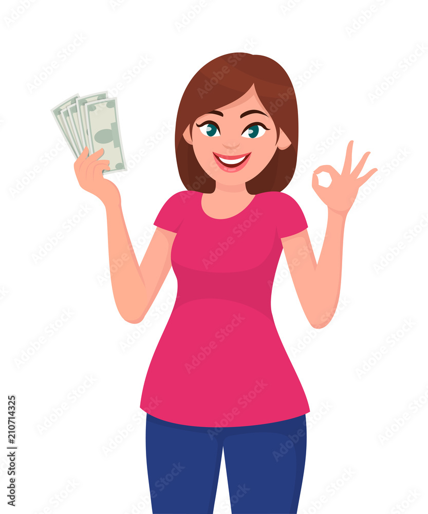 Young woman holding cash/currency/money in hand and showing OKAY/OK sign. Vector illustration in cartoon style. Young woman holding cash/currency/money in hand and showing OKAY/OK sign. Vector illustration in cartoon style.