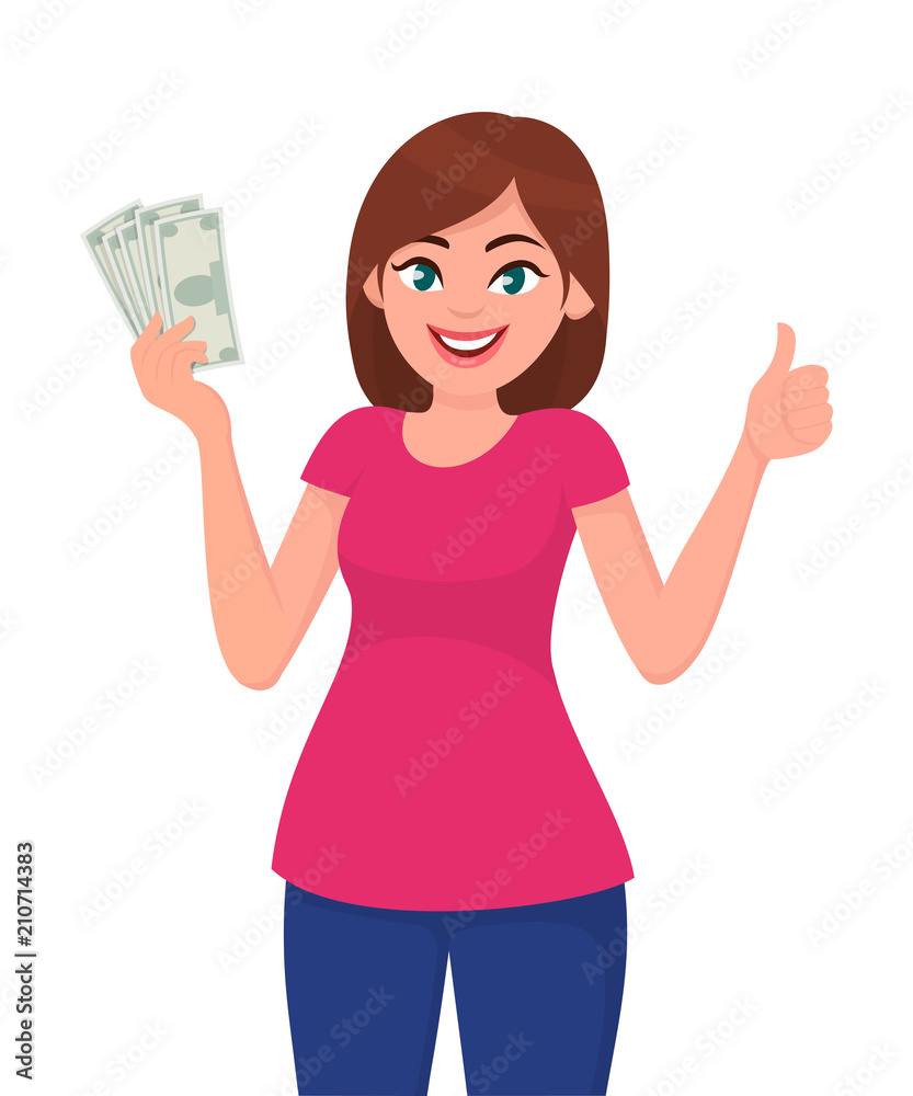 Young woman holding cash/currency/money in hand and showing thumbs up sign. Vector illustration in cartoon style.
